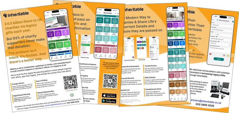 Inheritable charity partner brochure: app screens and how supporters record and share legacy gifts