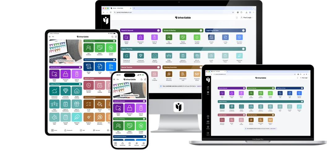 Inheritable shown across iPhone, Android, and a web browser