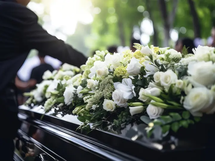 A floral tribute resting on a coffin at a funeral