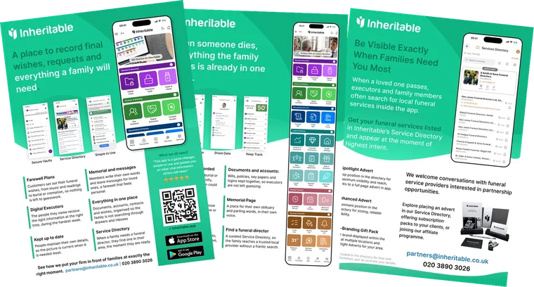 Inheritable for funeral services brochure: app screens and how the partnership works
