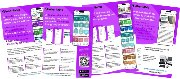 Inheritable for HR and employee benefits brochure: app screens and how the partnership works