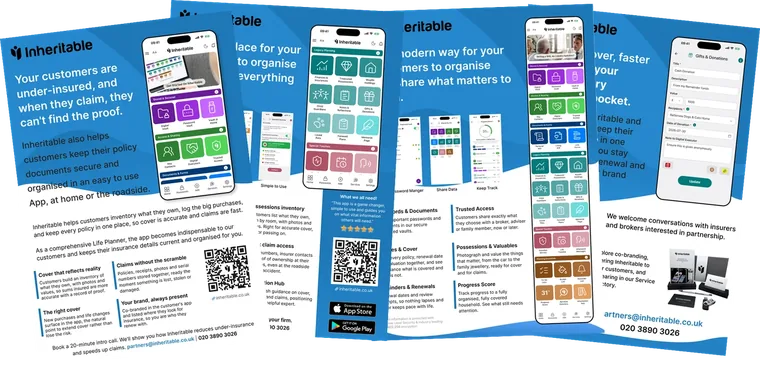 Inheritable for insurers and brokers brochure: app screens and how the partnership works
