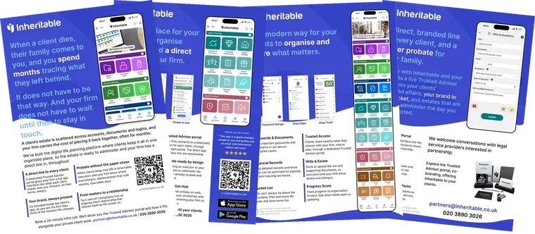 Inheritable for legal firms brochure: app screens and how the partnership works
