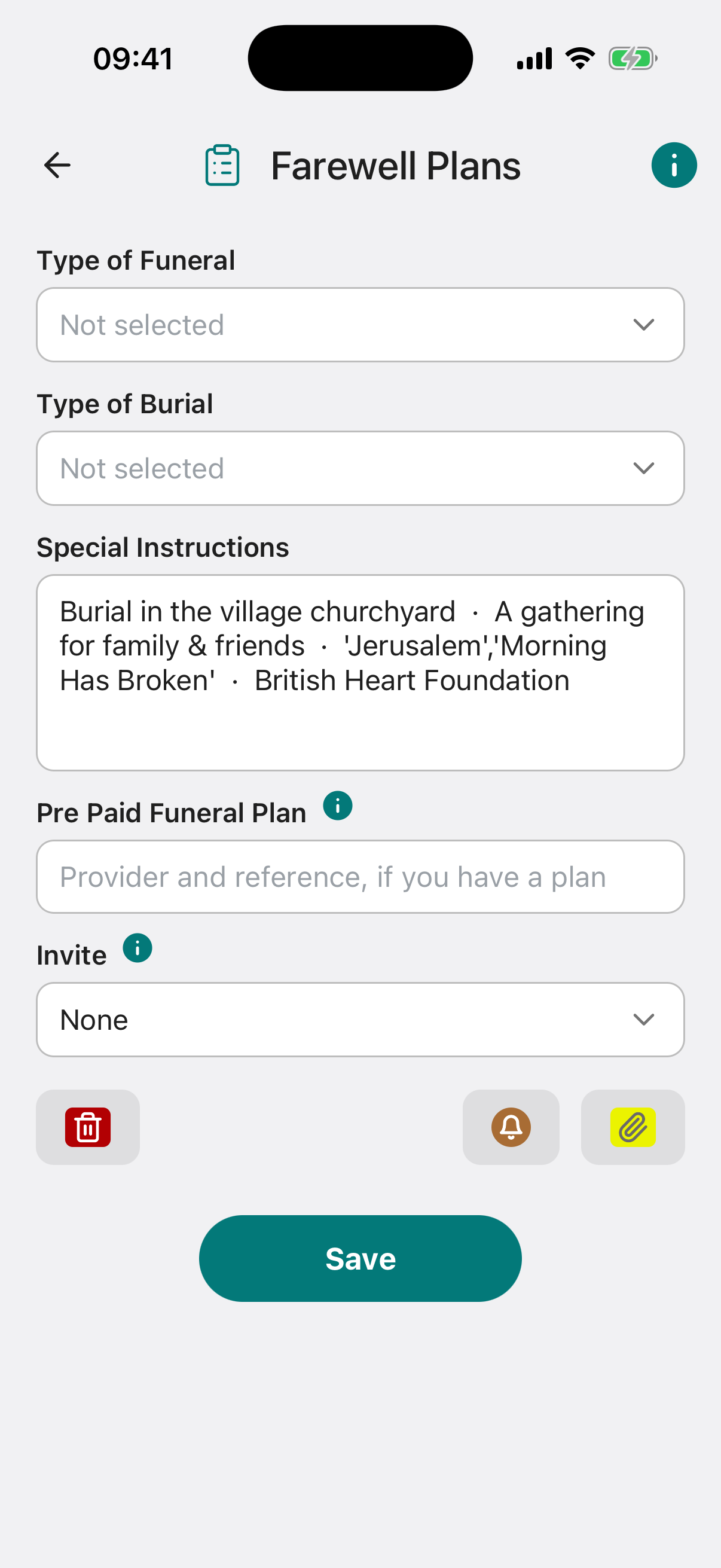 Farewell Plans form screen