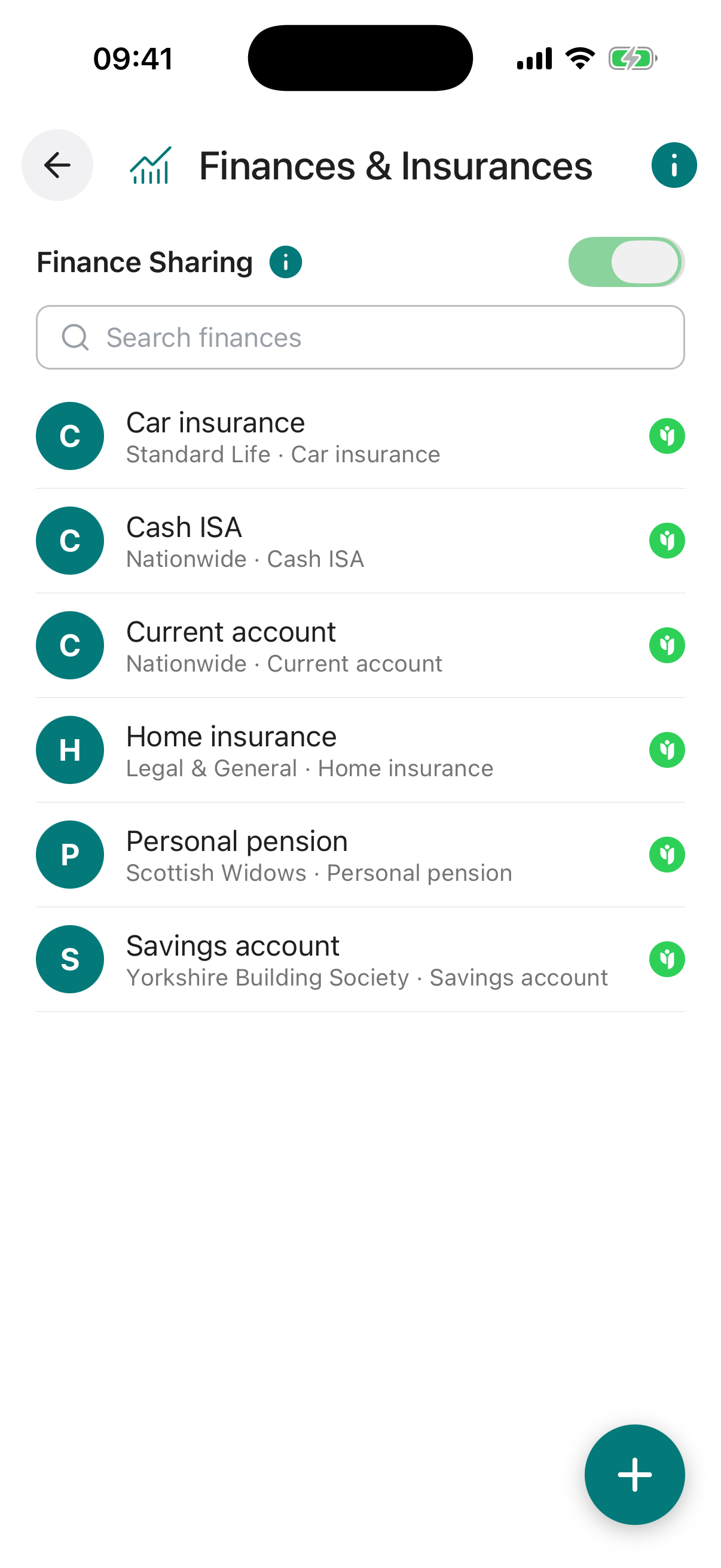 Finances & Insurances screen