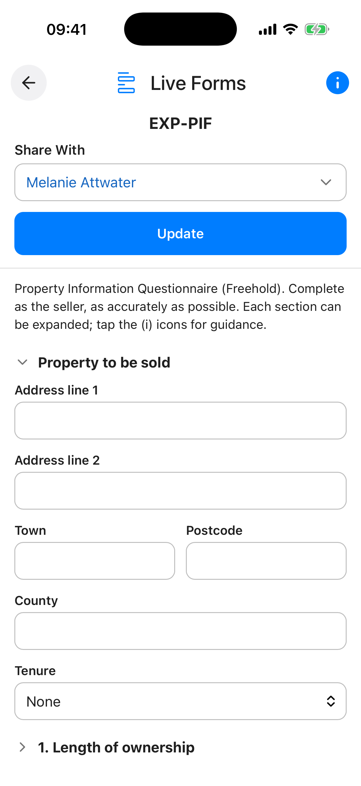 Live Forms screen