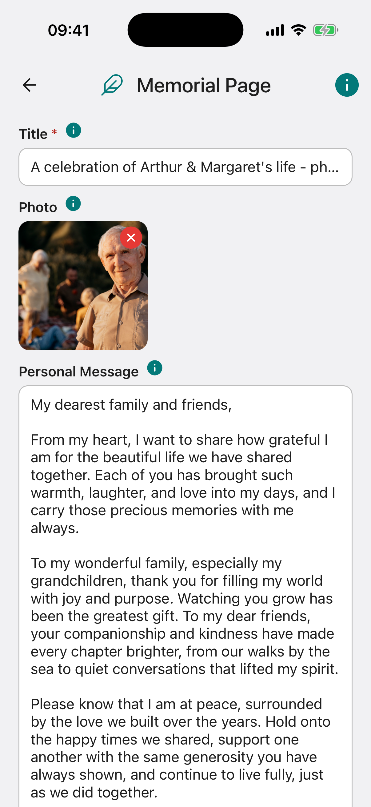 Memorial Page form screen