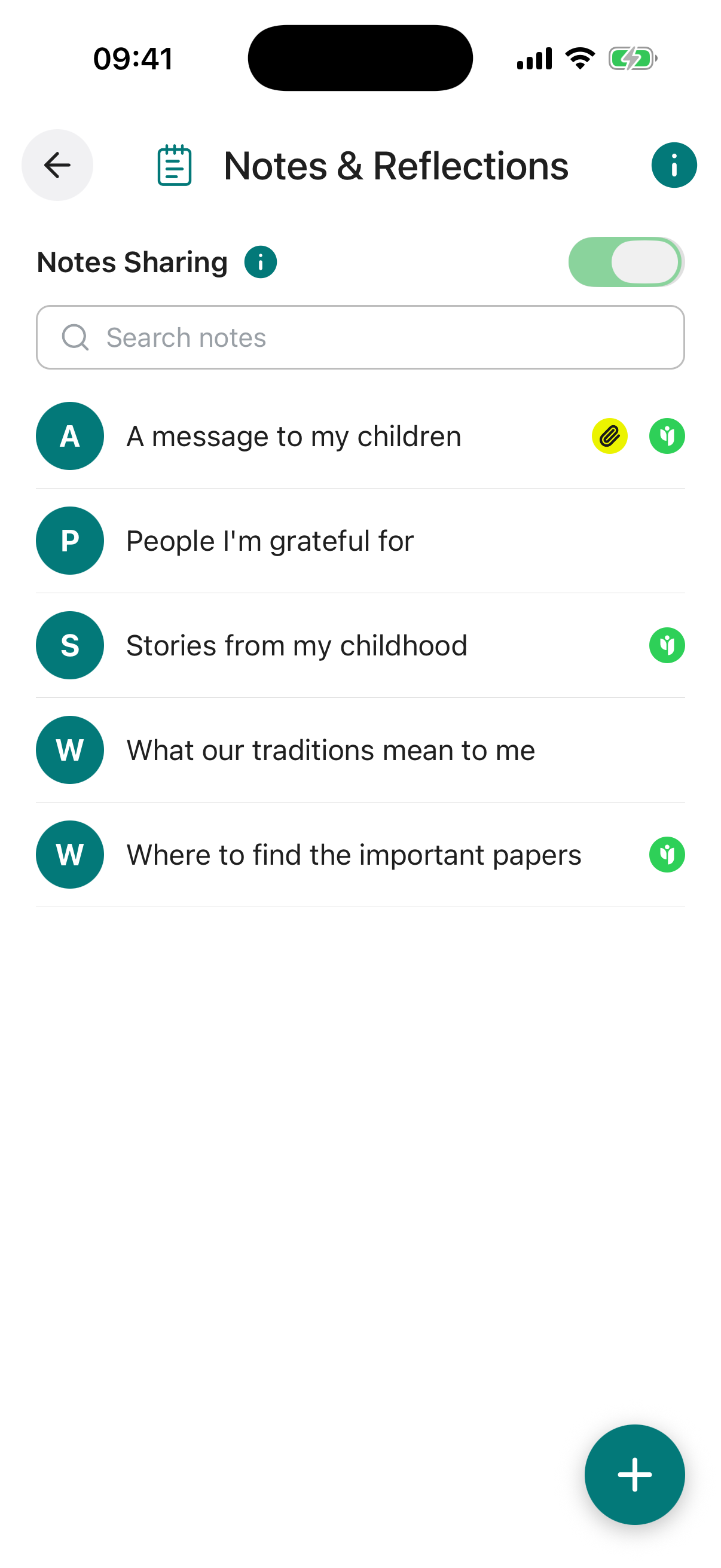 Notes & Reflections list screen