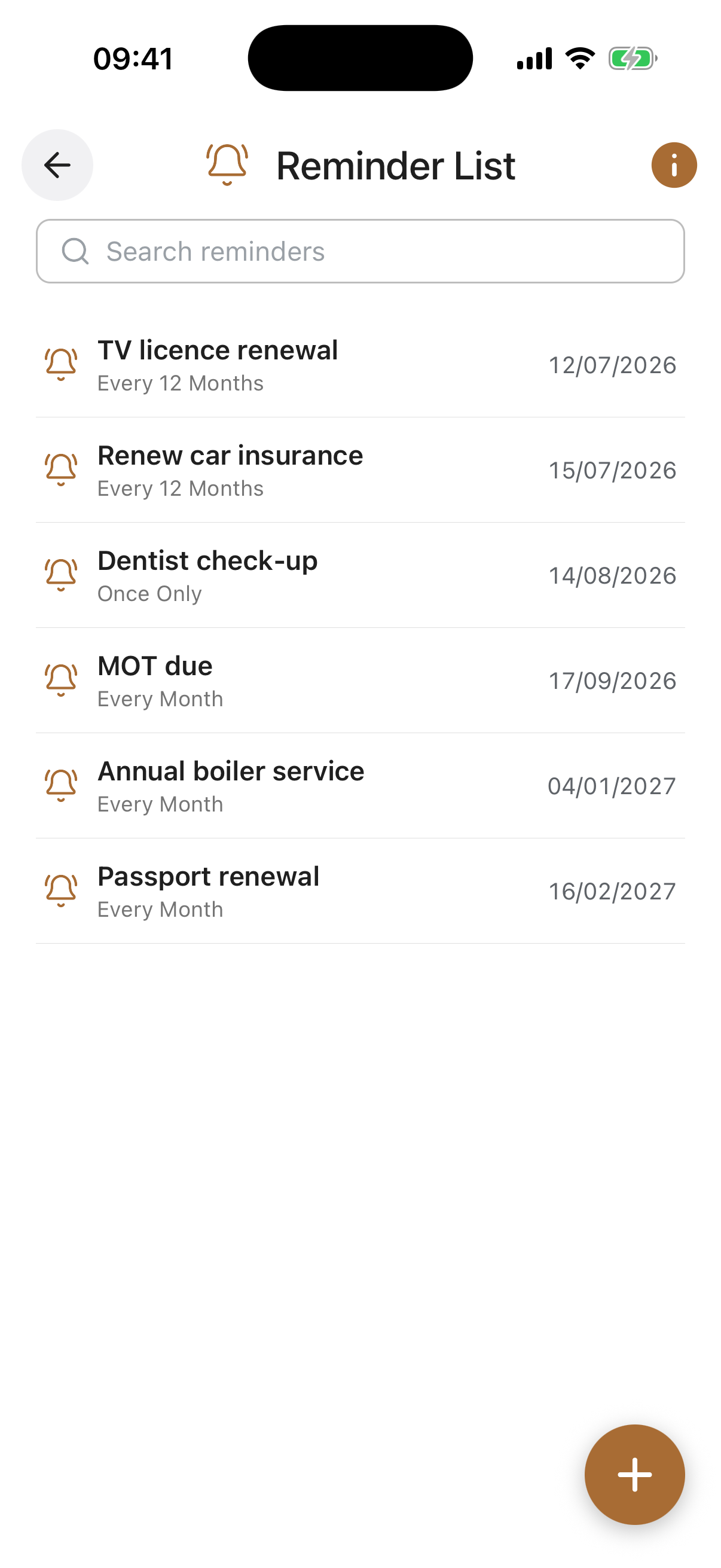 Reminders screen
