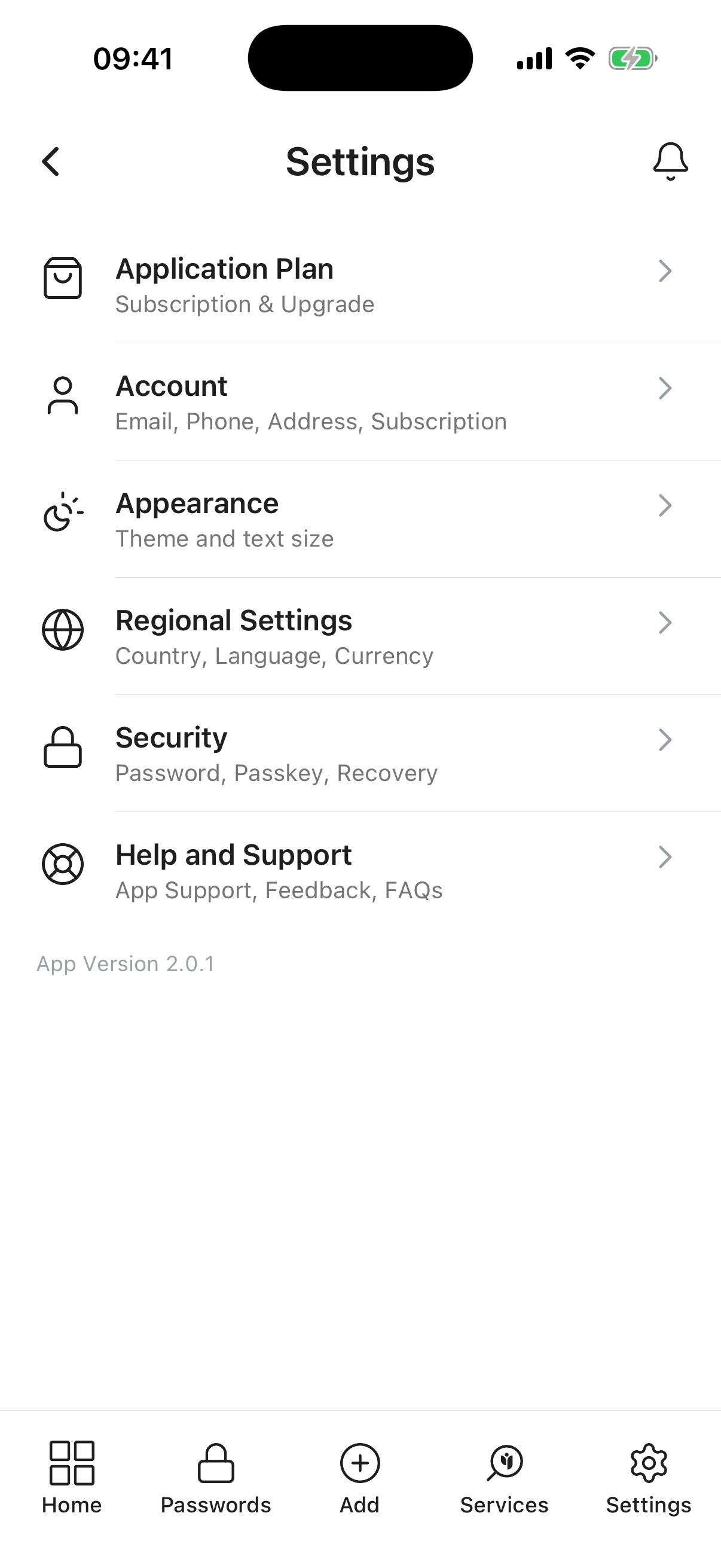 Application Settings screen