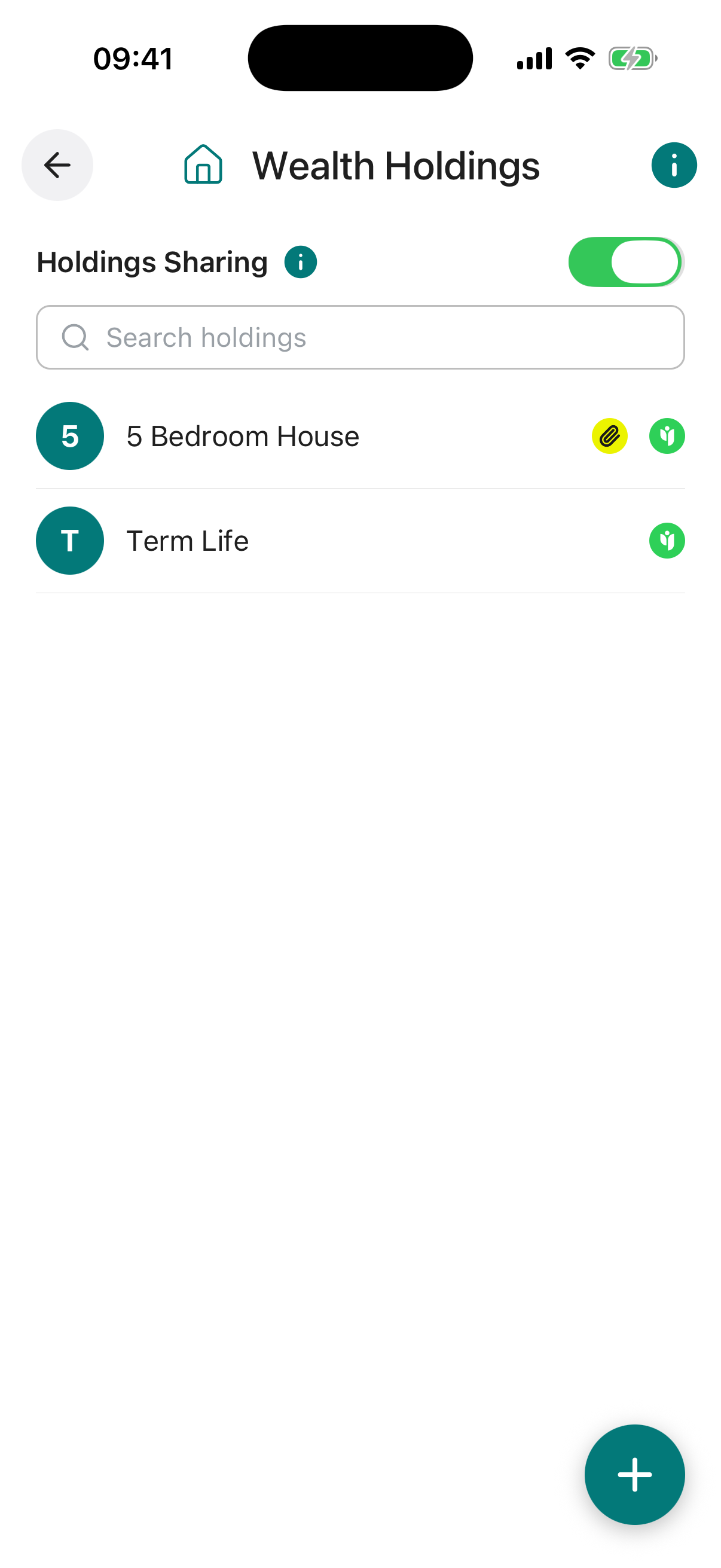 Wealth Holdings list screen