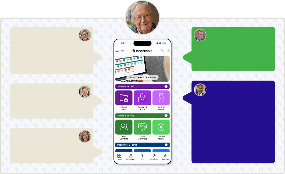 Who you can share with in Inheritable: family, friends and colleagues read-only, Digital Executors and Trusted Advisors.