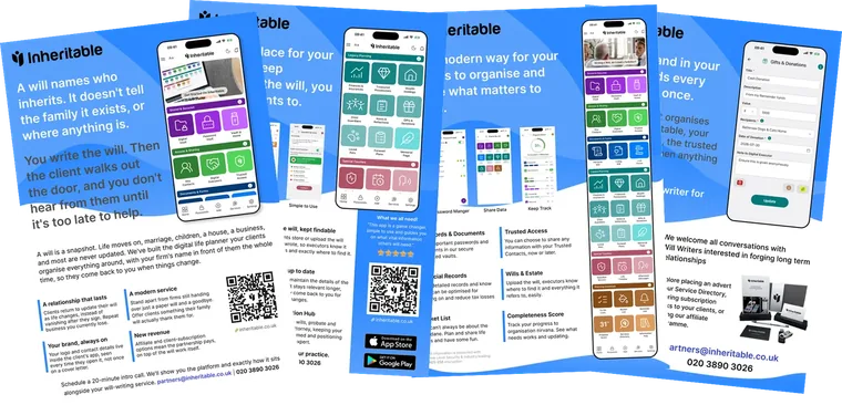 Inheritable for will writers brochure: app screens and how the partnership works